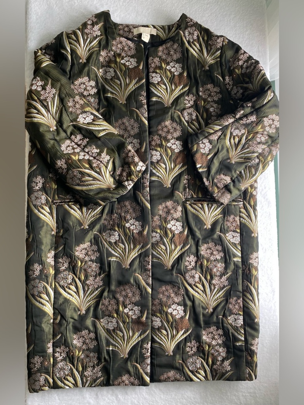 H&M Embroidered Floral Jacquard Kimono Jacket Green Artwear Open Front Size 6 - Picture 2 of 10